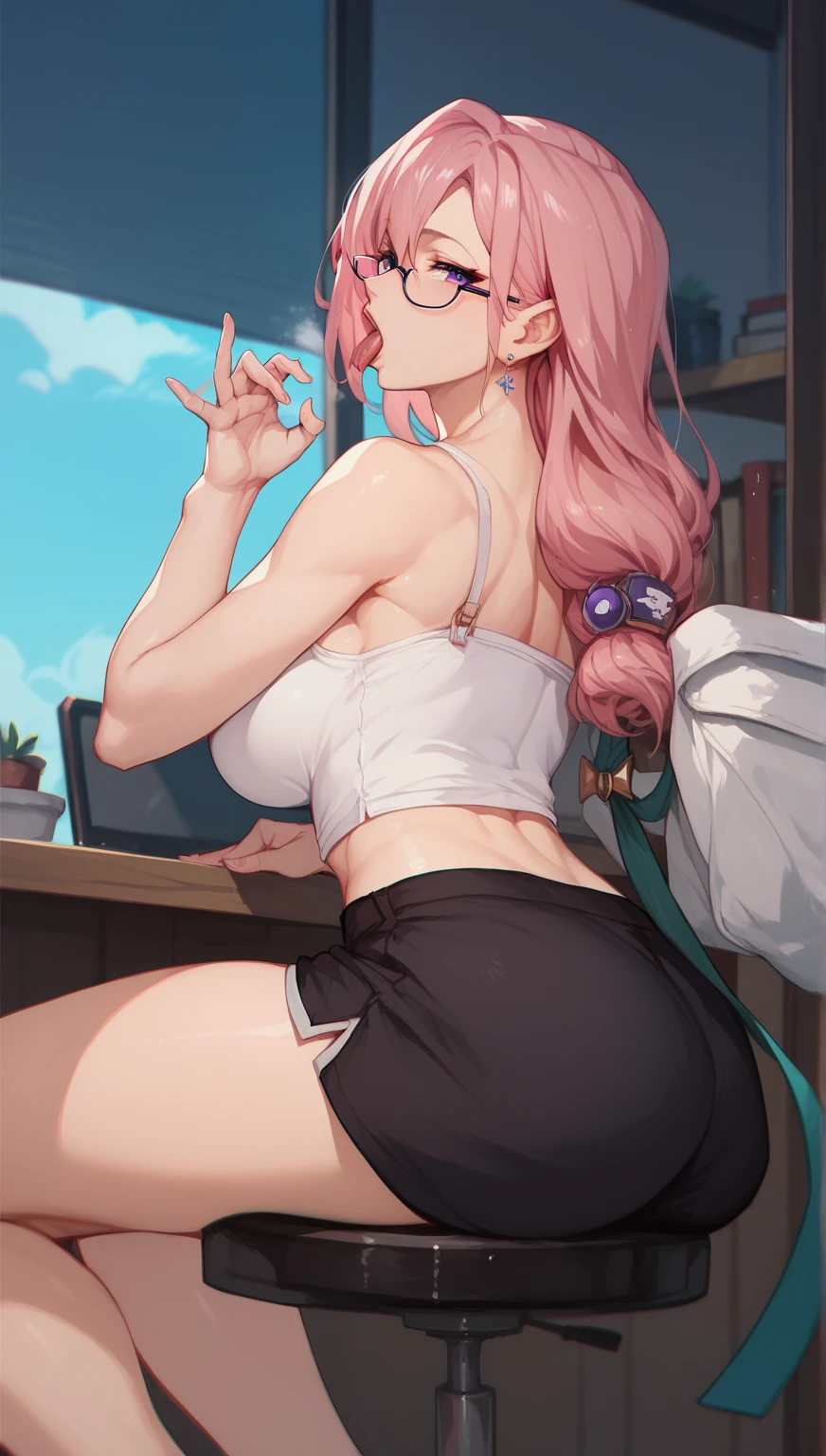 ((tmasterpiece,Need)),(1girl),((A MILF)),Light pink hair,big-areola,horn,((office lady)),By bangs,middlebreast,(plumw),slim,ssmile,[Wide hips],office,standing, aru \(blue archive\),Back back to the audience，on  back，Ass pouted，Pout your ass，Lie on the ground