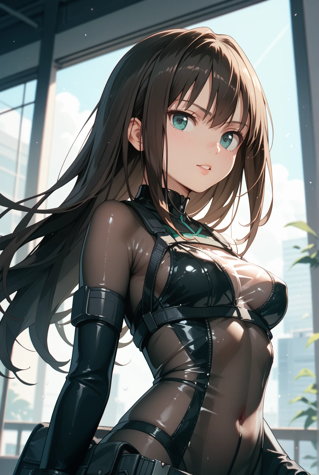 Iridescent arm parts, rainbow colors, prisms,Low - Angle、 Emerald green eyes、Part of the clothing is see-through、Cinematic angles、optical fiber、Connected Cord、Illuminated parts See-through parts、Cyberpunk cityscape, young woman with long black hair wearing an emerald green powered exosuit, standing in a contemplative pose amidst the neon-lit ruins, textured digital art with muted tones and subtle ambient noise, detailed and intricate illustration, dystopian and gritty yet beautiful, a glimmer of hope in the decay,Fish Girl in Sci-fi translucent mechanical bikini ++,The bikini is see-through and sparkly