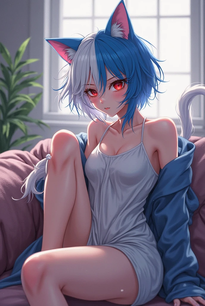 anthropological girl with cat, Long hair, cat tail, alone, furry, furry girl, (girlish, young, gray fur, gray body, blue eyes, grey hair:1.2), (panties, t-short, black open jacket), (detailed background, windows, room, day, buzzer, storm, Street, Rain, grey background), spreads her legs, you can see her underboobs, very short and tight top, white panties, panties weiß