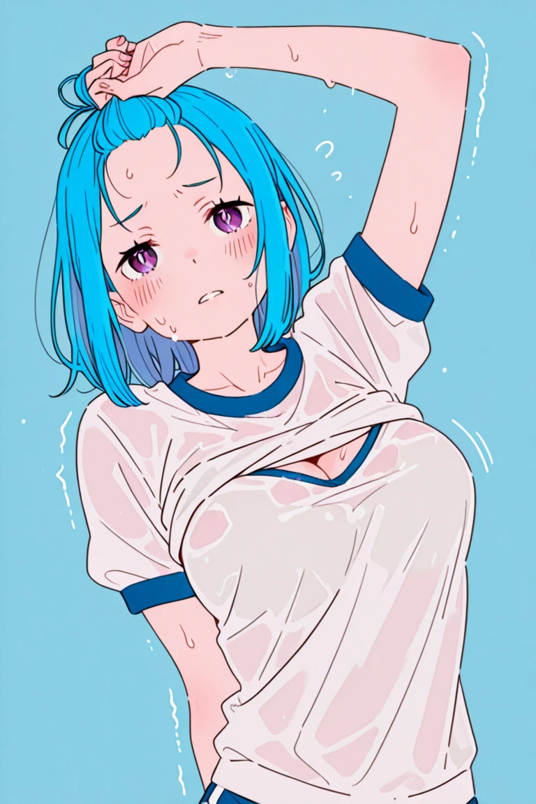 1girl,thin white shirt,big boobs,anime,blue eyes,short blue hair,short,8k