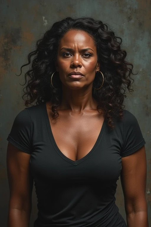 picture of busty black woman standing in a fancy mansion, (don cheadle face), short afro, wearing a mens tank top, (big bimbo lips), (expressive face), smirking facial expression, petite, busty, cleavage, don cheadle face, [detailed texture], [dramatic cinematic lighting]