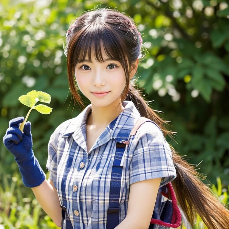 Best picture quality (8k, high resolution, Masterpiece: 1.2), super detailed, 215 Short Hair,Three braids long hair, 26-year-old woman,
situation: Planting new seedlings in the vegetable garden。
detailed:
angle: Close-up of a man squatting on the ground planting seedlings。
clothing: Work apron、Garden Gloves、カジュアルなclothing。
atmosphere: Calm Morning、A garden bathed in soft sunlight。The hopeful expression is impressive.。
Active Pause ,
Beside her、The thunder danced。
Focus on the waist above
, random cute pose ,big eyes ,Puffy eyes , Heart Pupil, blush , huge shy smile , salute