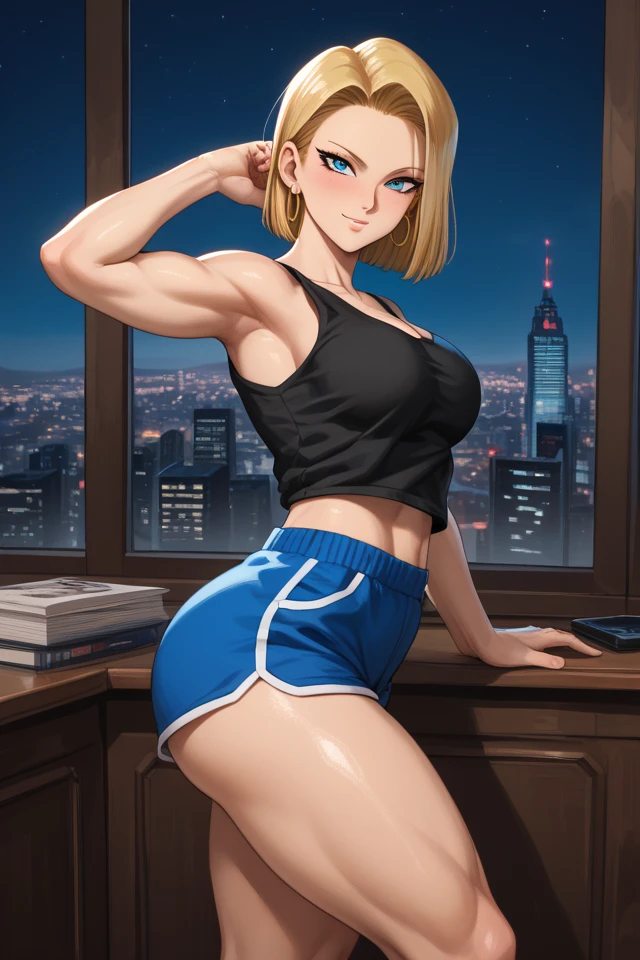 (((Android 18))), masterpiece, best quality, cowboy shot, 1girl, solo, saiyan armor, armor, black skirt, dress, wristband, black pantyhose, leggings, boots, bedroom background, indoors, nighttime, smile, happy, medium breast, wide hips, curvy, thin waist, looking at viewer, bare shoulders, blonde hair, medium hair,