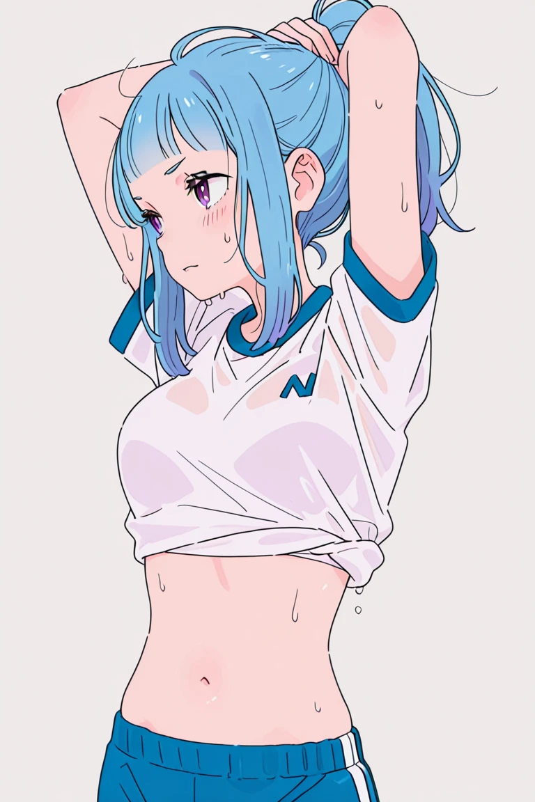 (sketch drawing), (close up), (age body), ((mouth, smiling, lips)), (chest a little big), (legs), (thighs), (pink cheeks), (short shirt ), (showing belly), (perfect belly), (gym shorts), (blue cat ears), (Beautiful cat ears), (blue hair), (green eyes), (big hair), (bangs) , (details on the strands), (white background),