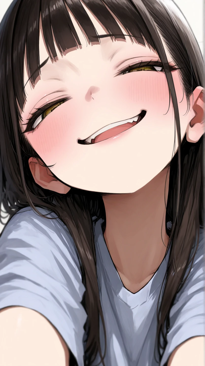 Squint your eyes、shoot from above、alone、headshot、Lick it with your tongue、Open your mouth wide、Double teeth、Close-up of face、primary school、School building、In the classroom、forehead、Private Server、Girl、Girl、Short、Younger、Lower school year、Baby Face、flat chest、smile、Dynamic Angle