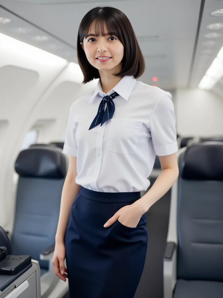 masterpiece, best quality, 1 girl, solo, 20 years old, small breasts, Perfect Face, beautiful, extremely long hair, jal uniform, airplane interior, black pantyhose, white lace panty, panties under pantyhose,full body,looking through legs