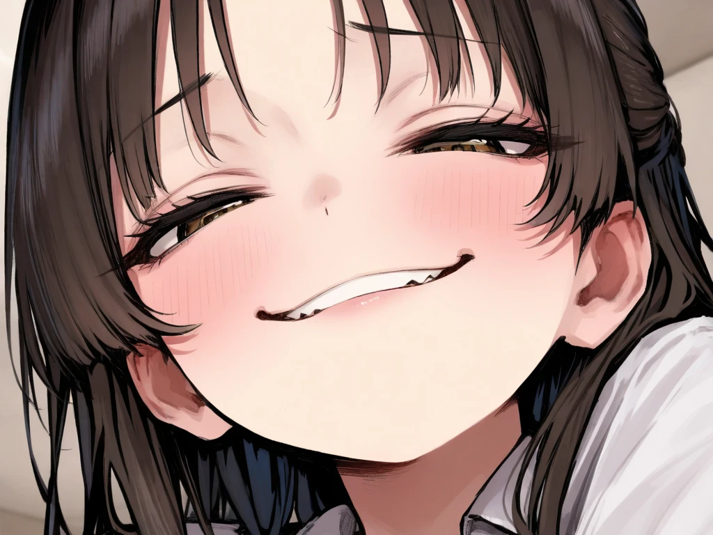 nsfw,portrait,1 girl,black hair,Tongue out,Androgynous,medium hair,sidelocks,Covered,masterpiece,best quality,very aesthetic,absurdres,upper body,straight-on,large,Covered,Smile,(upturned_eyes),From above,cum in Tongue,Ahegao,attractive