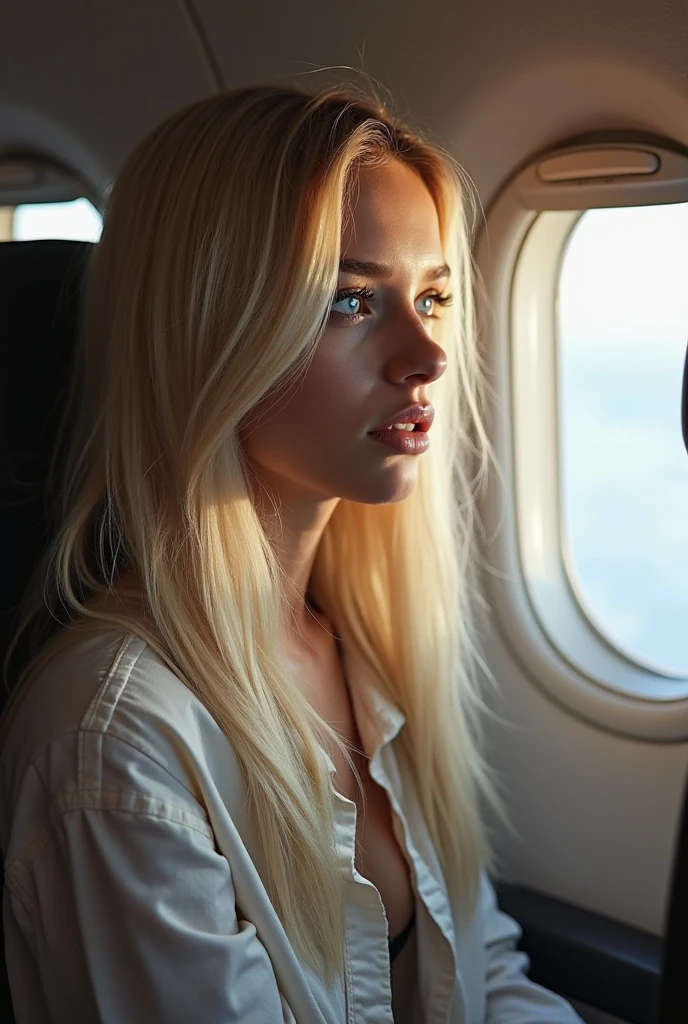 ((high quality)), (RAW Photo), DSLR, 1 girl, a 20 year old woman flying airplane ,blonde,(look at at viewer:0.1), (real skin:1.1), ((tan skin)), ((topless))(detailed skin), stunning, perky , depth of field, sharp focus, high quality, dark colors, dark light, instagram