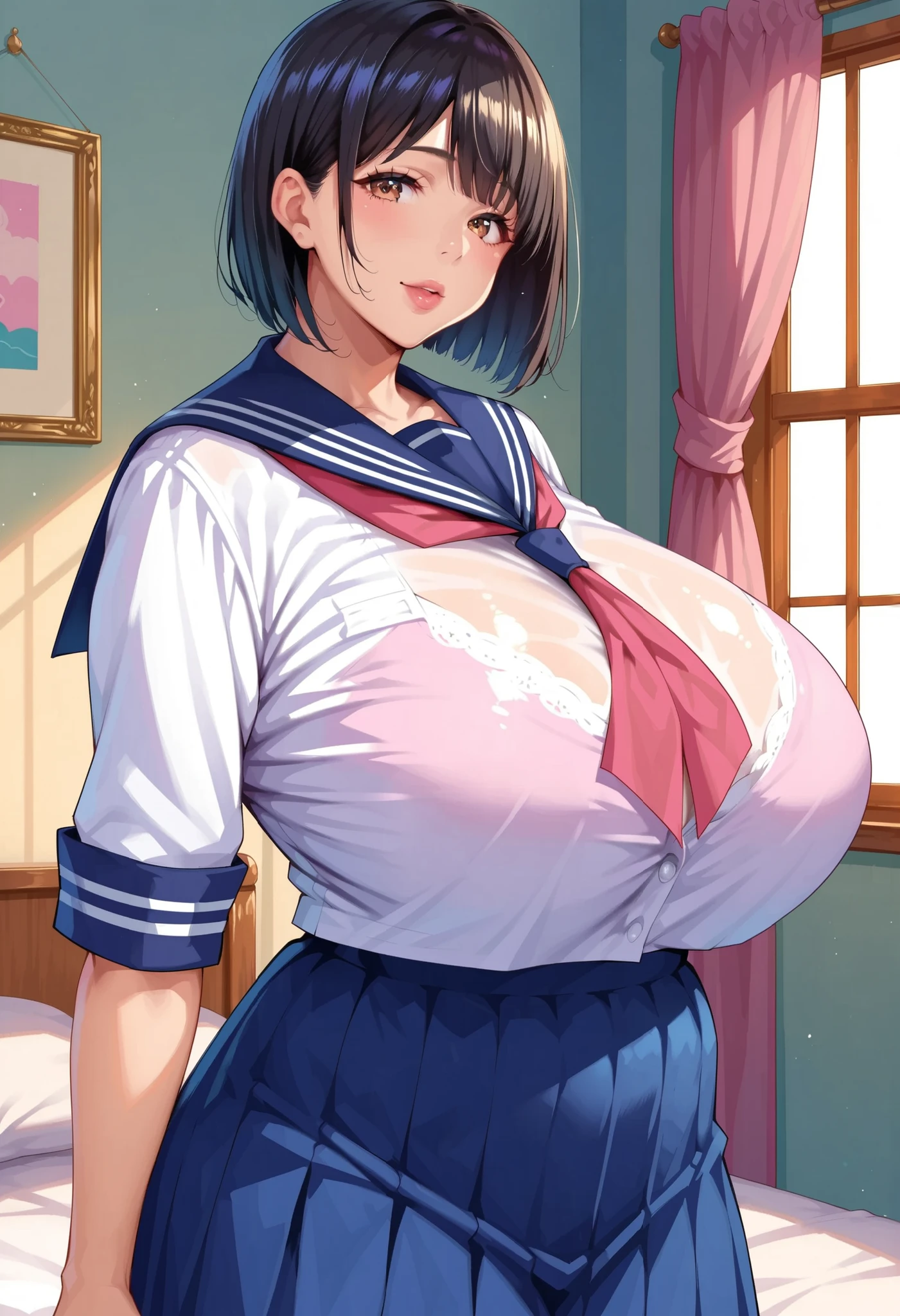 (masterpiece, details, Highest Quality, realistic, absurd:1.2), A high school girl with 12, Japanese woman, 1 high school girl, plump body type, Beautiful Character Designs, Plain face, (black hair, bob cut), brown eyes in the bedroom, Japanese women who like to be lewd, (school uniform:1.2, navy blue sailor skirt), (voluptuous bust:1.1, saggy huge breasts:1.2), standing, cowboy shot