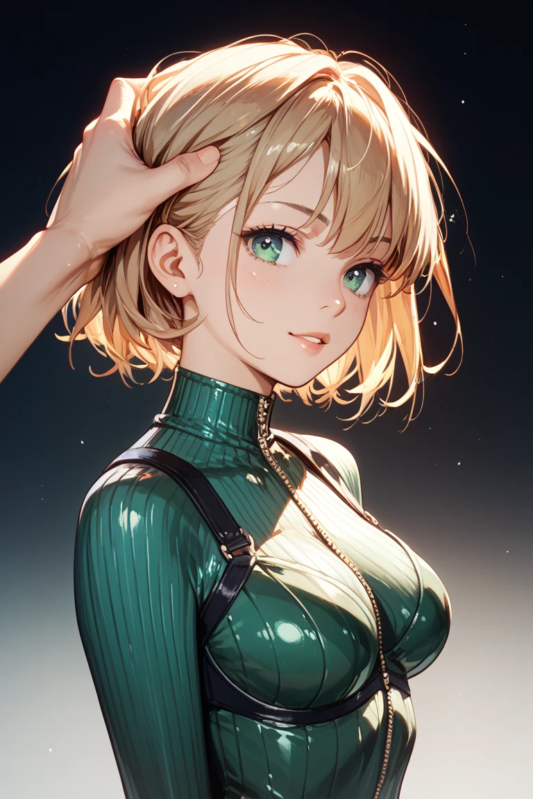 (masterpiece、top-quality、hight resolution、Unity 8k、extremely details CG:1,Best Picture), modred, (green eyes:1.5), blonde hair, ponytail, short hair, scrunchie, red scrunchie, hair scrunchie, "A porn star with a small bust, confidently posing in a stylish, revealing outfit. She has a slender figure and exudes self-assurance despite her small chest. Her makeup is perfectly applied, and her expression is one of playful allure. The background is simple, focusing attention on her as she embraces her unique beauty with confidence and charm."