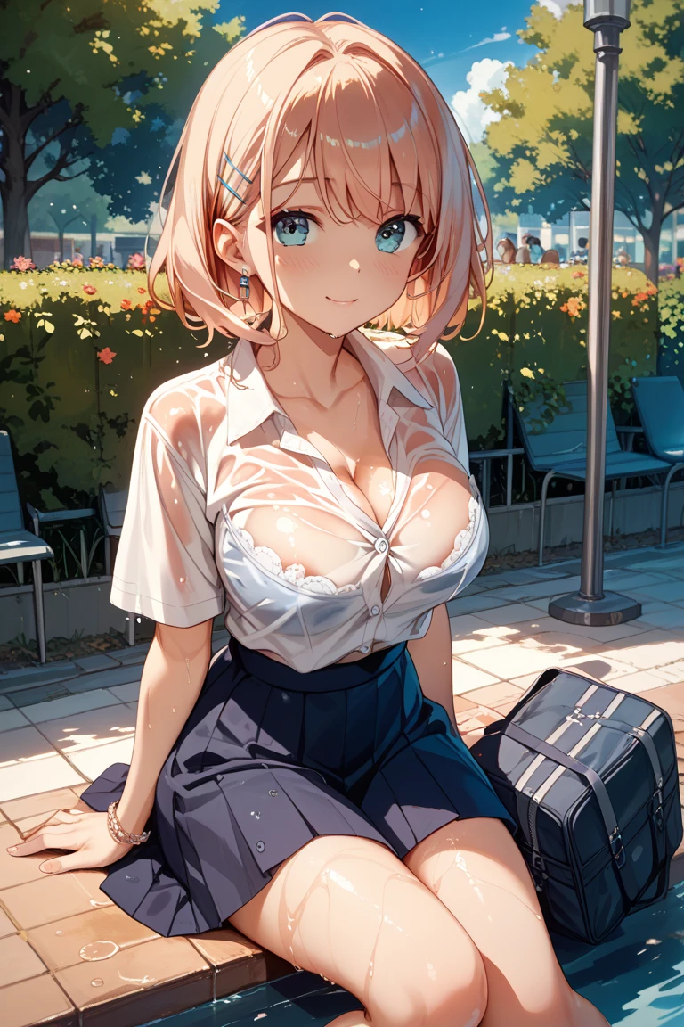 (Tabletop, highest quality, Super detailed), One Girl, Purple eyes, Blonde Hair, Dark Skin, Short Hair、Perm Hair、((Japanese school uniform))、((pantyhose))、(on the train)、(mini skirt)、Black Panties、((See-through bra))