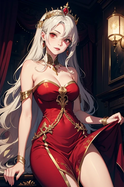 masterpiece,bestquality,ultra-detailed), glamorous, elegant, flowing gown, shimmering fabric, intricate beadwork, off-shoulder neckline, floor-length, mermaid silhouette, (rich:0.8), (jewel-tone:red:0.7), (embroidery), (sequins), (dramatic train), (sparkling accessories:0.5), (high heels), (updo hairstyle), (smoky eyes), (bold red lips),1girl,bishoujo,stare,red eyes,beautiful detailed eyes,long hair,white hair,silver_hair,By bangs,ahoge,Hair rings,braid, cold