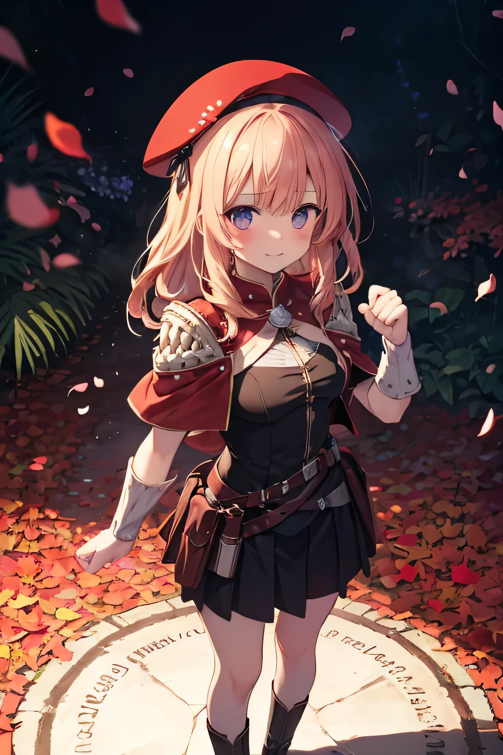 Serious girl, (showing teeth), standing, ready to fight, fondo RPG, fondo RPG(RPG), complete anatomy, Graphic Effects, height 159 cm ( 5 feet 3 inches ), hard fists , summoning circle background, red beret, strong breeze , sakura petals and leaves, first person, blush, looking at the spectator, Charm, Pausa de toque ciego looking at the spectator, highly detailed face, 8K, light and shadow effect. Masterpiece, the best quality