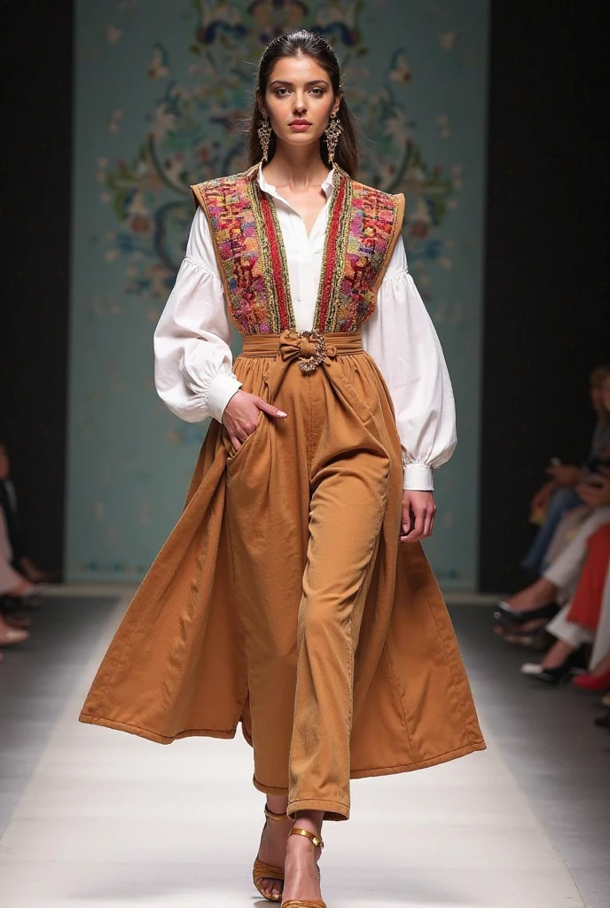 A girl walking down the runway at a fashion show, thigh, (Torn linen clothes:1.9), (High resolution:1.3), (16K, Realistic, RAW Photos, Best image quality: 1.4), (One Girl), Beautiful Face, (Lively Faces), Beautiful hairstyle, Realistic eyes, Beautiful and exquisite, (Realistic Skin), Beautiful skins, charm, 超High resolution, Surreal, High detail, Golden Ratio, Highly detailed cute girl,(20-year-old)