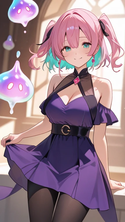 1 mature woman,(Highest quality,Extremely detailed depiction,Incredibly absurd high resolution,Anatomically accurate depiction,Perfect body,Two curvaceous legs),(Glowing Skin,Shiny skin,Oilskin),(A metallic, shiny bodycon dress,black tights),(Luxurious accessories,necklace,Earrings,bracelet),eyelash,(Luminous purple eyes,Detailed pupil,Crazy Eyes,There is cleavage in the chest,Bewitching Smile,Glossy lipstick,blush,forward leaning posture,Put your hand on your cheek),Sweat,(whole body),background:Night bar,Purple air