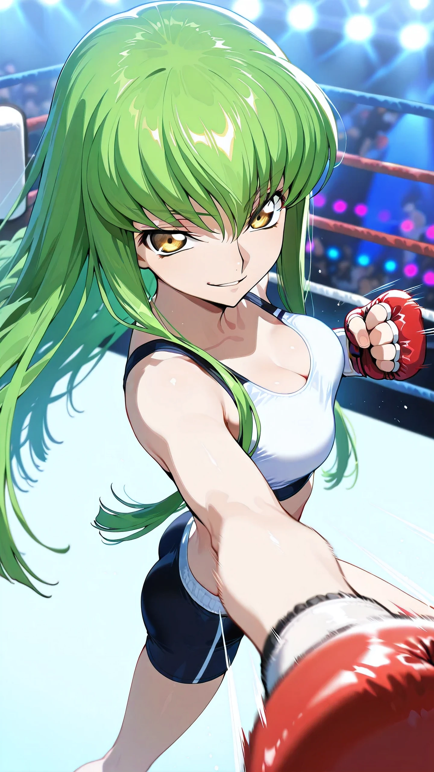 C.C., Code Geass, gold eyes,, solo, Detailed eyes, white sports bra, black boy leg spats, white fingerless gloves, thigh, cleavage, slim long legs, medium breast, smirk, looking at viewer, Detailed eyes, Detailed face, portrait, from side-above,
p4nch, punching, clenched hand, motion lines, motion blur,
boxing ring, spectator seats, (depth of field).