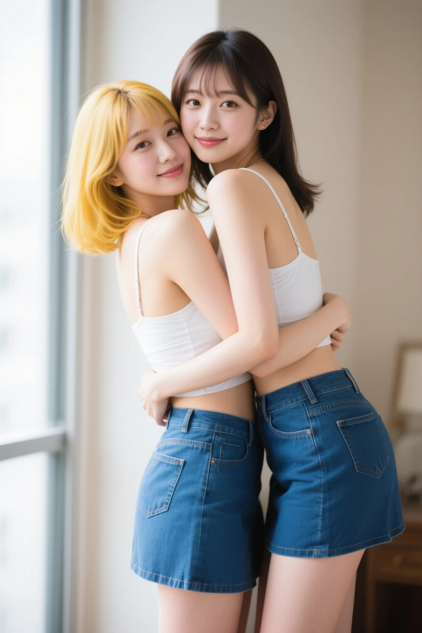 Cozy room, two young girls, they are close friends, one of them is sitting on a chair reading a book, she is wearing jeans and a short T-shirt. Another pink-haired girl crouched in front of her legs, wearing a lace bra, gently stroking the crotch of the blue-haired girl's pants, revealing a caring smile. The scene is warm