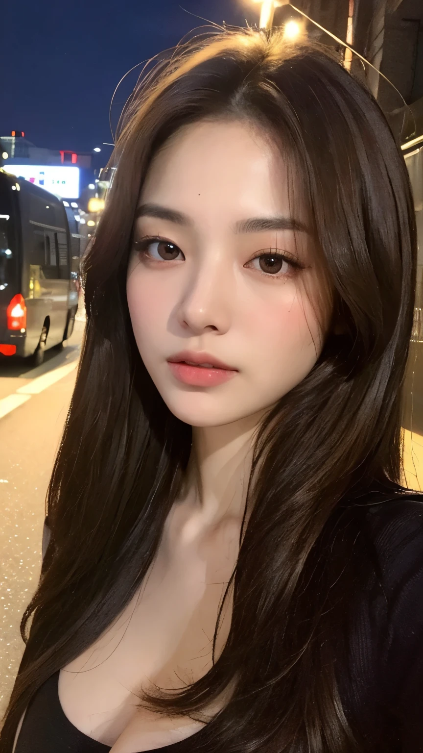 (top-quality、hight resolution、​masterpiece:1.3)、Pretty women、slender figures、dark brown hair、tshirts、(Street in city at night)、Highly detailed facial and skin texture、A detailed eye、二重まぶた、full bodyesbian