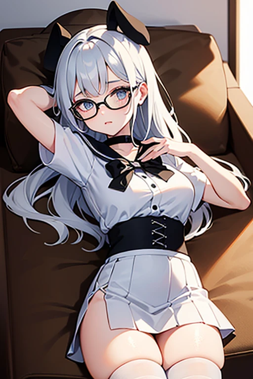 ((The best piece)),((masterpiece)), (ultra-detailliert), (illustratio), (detaileds), (very cute and beautiful), girl with, cute face, The upper part of the body,a miniskirt, Red eyes, Silvery hair,Off-the-shoulder clothing,frilld,Lori, big boobs,large full breasts,Fluttering chest,Clothes in black tones,Wearing glasses,association,sister,Cultivated woman,