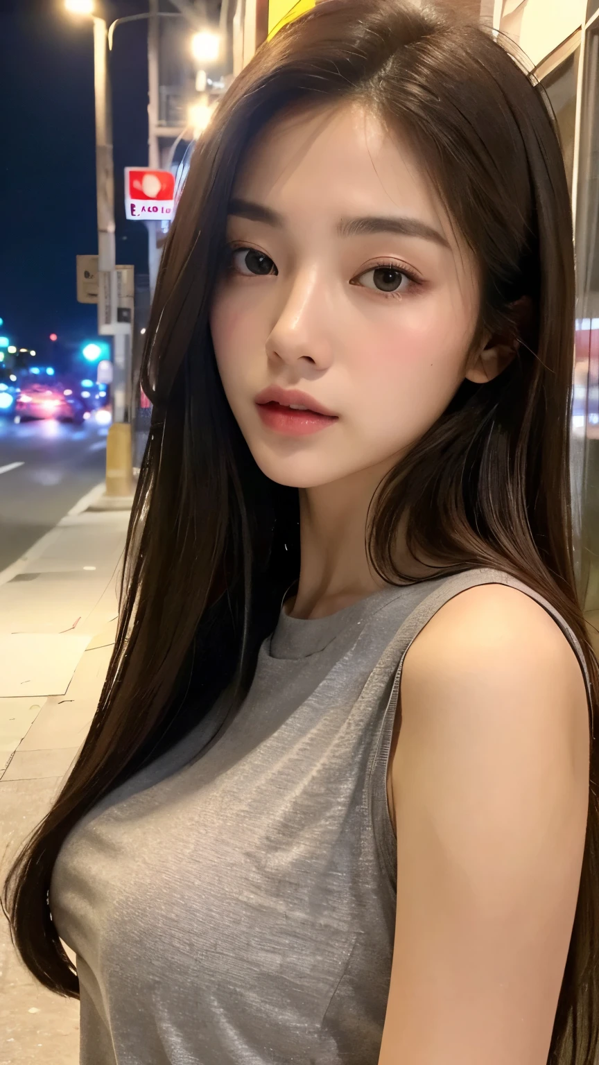 A close-up of a woman with long hair standing on a street, linda sul Mulher coreana, linda jovem Mulher coreana, bela jovem Mulher coreana, menina coreana, young adorable korean face, Mulher coreana, Heonhwa Choe, Jaeyeon Nam, Beautiful Asian girl, korean face features, Ulzzang, korean symmetrical face, a young asian woman
