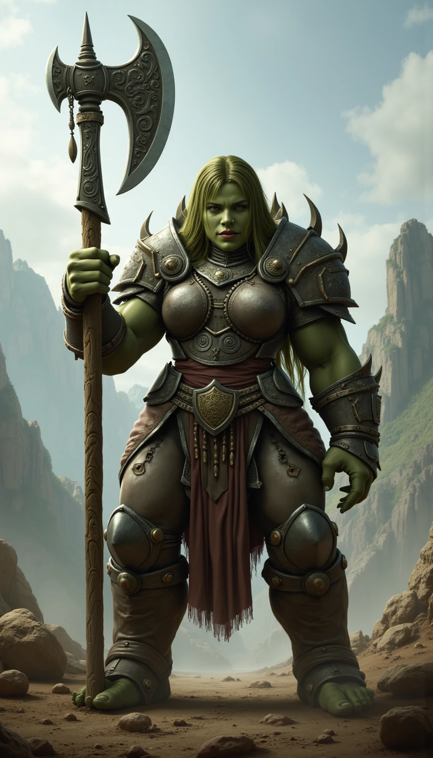 beautiful female orc queen, with big thighs, nice hips, nice waist, big breasts, flowing hair, wearing animal skin clothes,pelvial drape, golden crown, animal skin cloak, golden armor and adorned with animal bones , 8k ultra realistic
