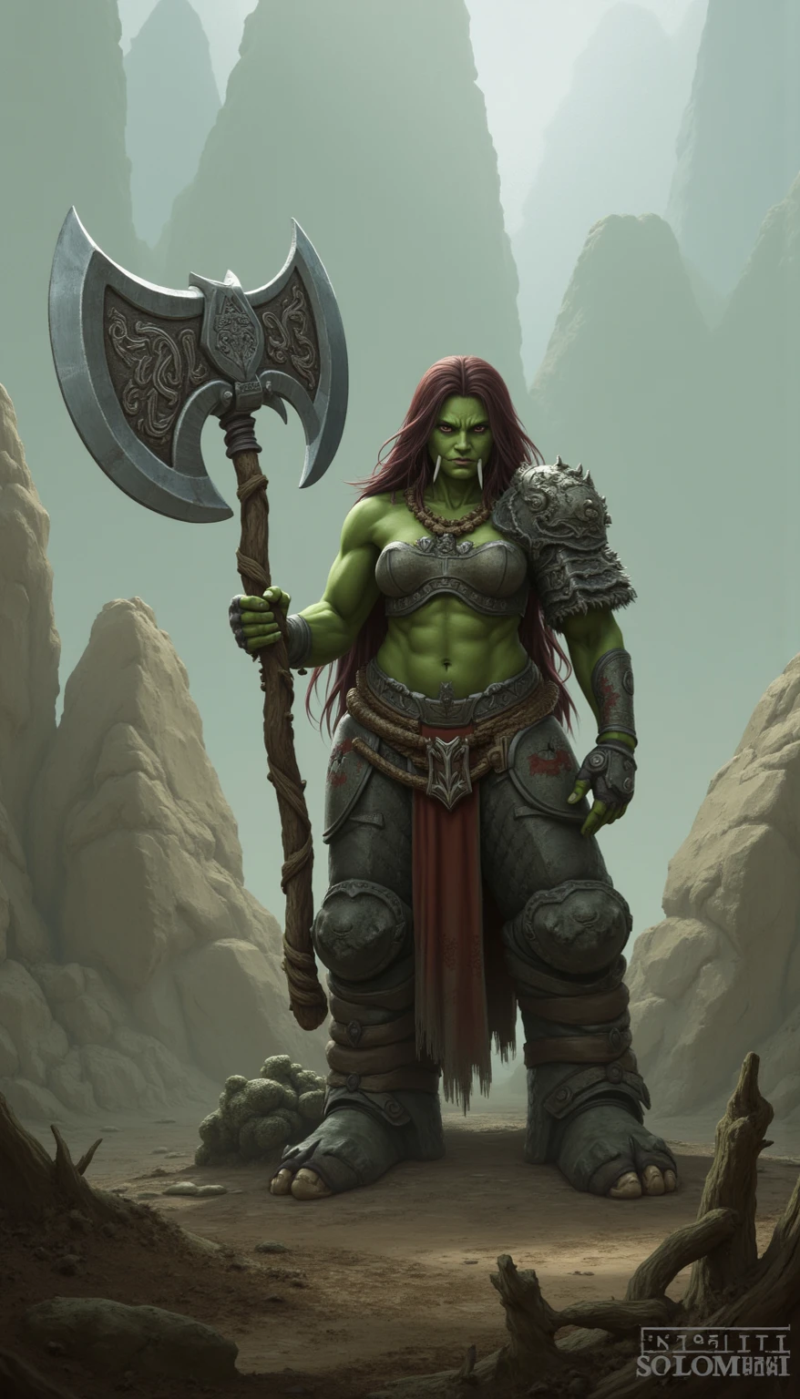 (1 muscular beautiful woman, warrior, half oak, humanoid, orc girl, colored skin, green skin, green skin, messy red hair,scar:1.2), huge breasts, huge muscles, fantasy world, Medieval, cave, mining operations, fortress, (leather bra, menacing armor, leg guard, gauntlet:1.2), red cloak,dynamic fighting pose,dynamic angle,camel toe,anger,(Has a weapon and a small shield:1.2),