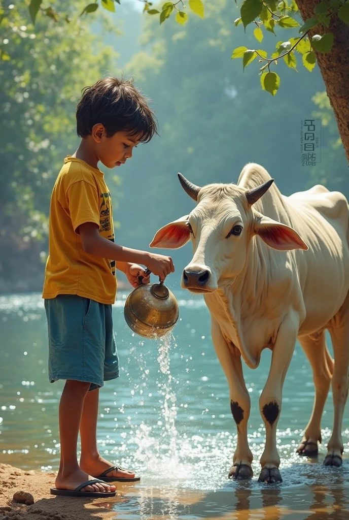 Three Sick calf sit on the floor taking treatment by child give medicine by bamboo real life villages