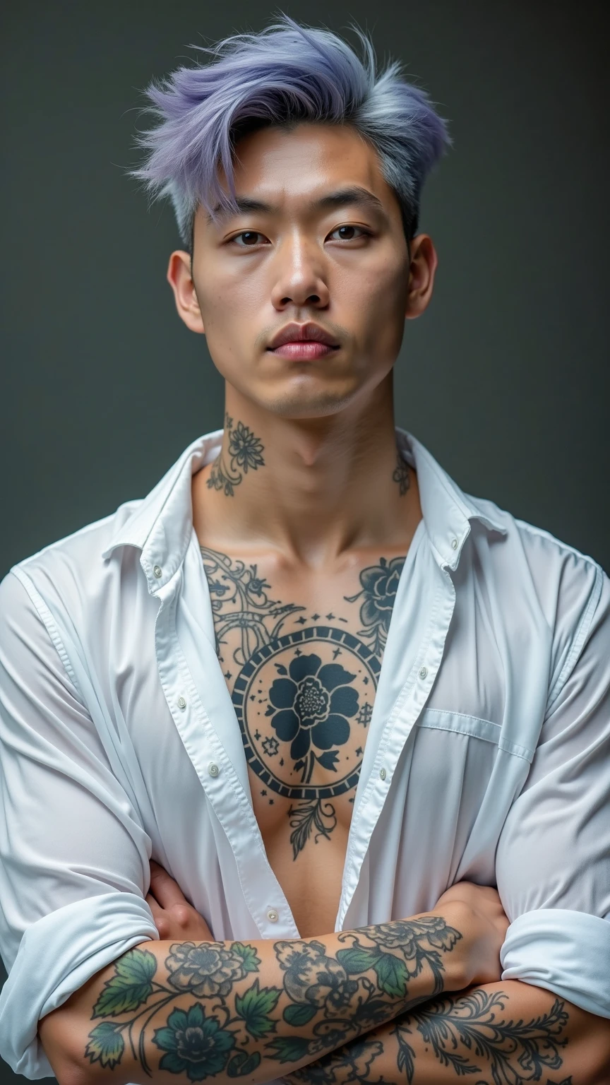 Photo of an attractive Indonesian man with a low fade hairstyle, showcasing his full body and vibrant skin. His face is captivating, exuding charm and confidence. The man's body is perfectly proportioned, adorned with intricate tattoos that enhance his unique style. This 8K image is a masterpiece of real art, created using advanced AI technology to ensure impeccable realism. It serves as a stunning wallpaper, with its high-resolution and detailed drawing. The colors are enhanced to their fullest potential, delivering a breathtaking 4K and 8K experience. The image has undergone meticulous color grading, achieving a cool-toned and bright aesthetic. Taken from a high-angle shot, it captures the man's entire body, while the shallow depth of field adds a touch of