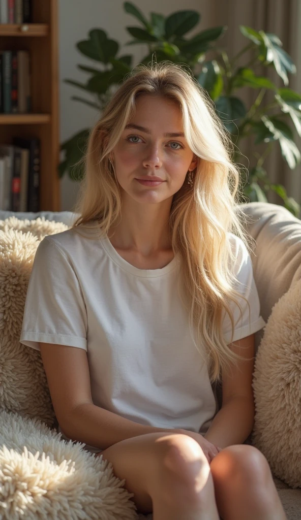 A pretty young woman, with Soft features and blonde hair. She's sitting at the sofa in her room 