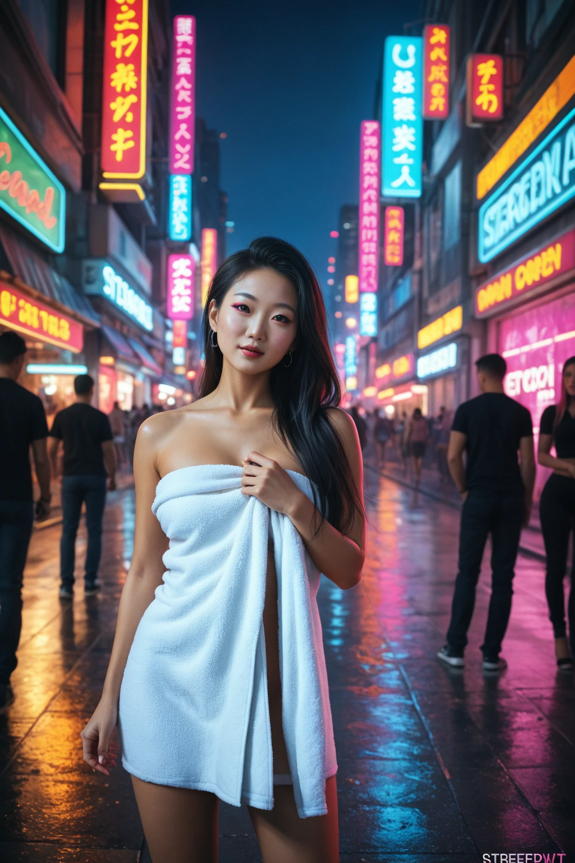 Big Breasts,nude、smile、night,,Markets in Thailand、Urban neon streets、,,8-year-old、、Girl,cute、Wide leg pose,Spread your legs、Bold pose collection、