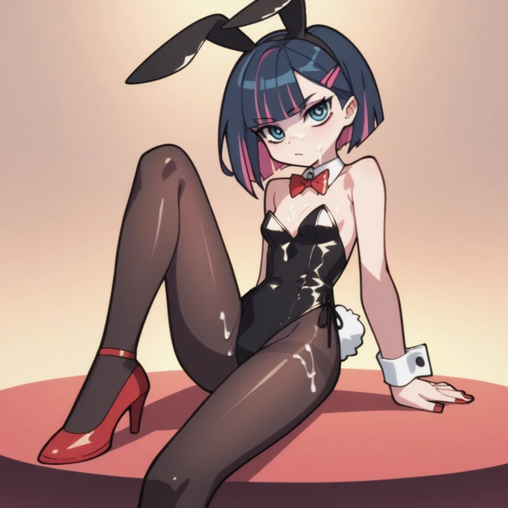 Sarada Uchiha, ((Sarada Uchiha, com shorth hair e preto, best qualityer, high resolution:1.2, fishnet stocking, Garden, short hair,sexy rabbit, costume, dark shaped eyes,shorth hair, high-heels, standing,walking)), ultra detali, realisitic, portraits, swirly vibrant colors, forest vibes, golden hour lighting, flowery field, stunning curves, soft grass, refreshing waves, forest, exotic foliage, summer breeze, seductive expression , sexually suggestive, seductively pose, whole body, thicc thighs, flegs, Cute feet , breasts small, flat-chested , short silky black hair , red eyewear , bunny ears. bunny costume, sexy rabbit