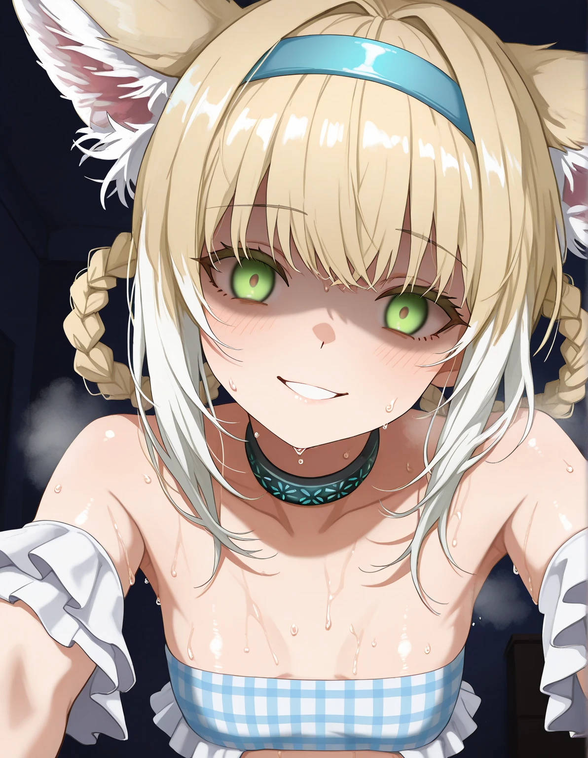 Koneko tojou, high school dxd, front view, cat girl, white hair, yellow eyes, cute expression, whiskers, all fours, cat pose, looking at viewer, paws pose, completely nude, nsfw, small breasts, highres, ultra-detailed, horny, female fluids, (best quality,4k,highres,masterpiece),subdued colors, vivid colors, professional lighting, detailed lips, detailed eyes.