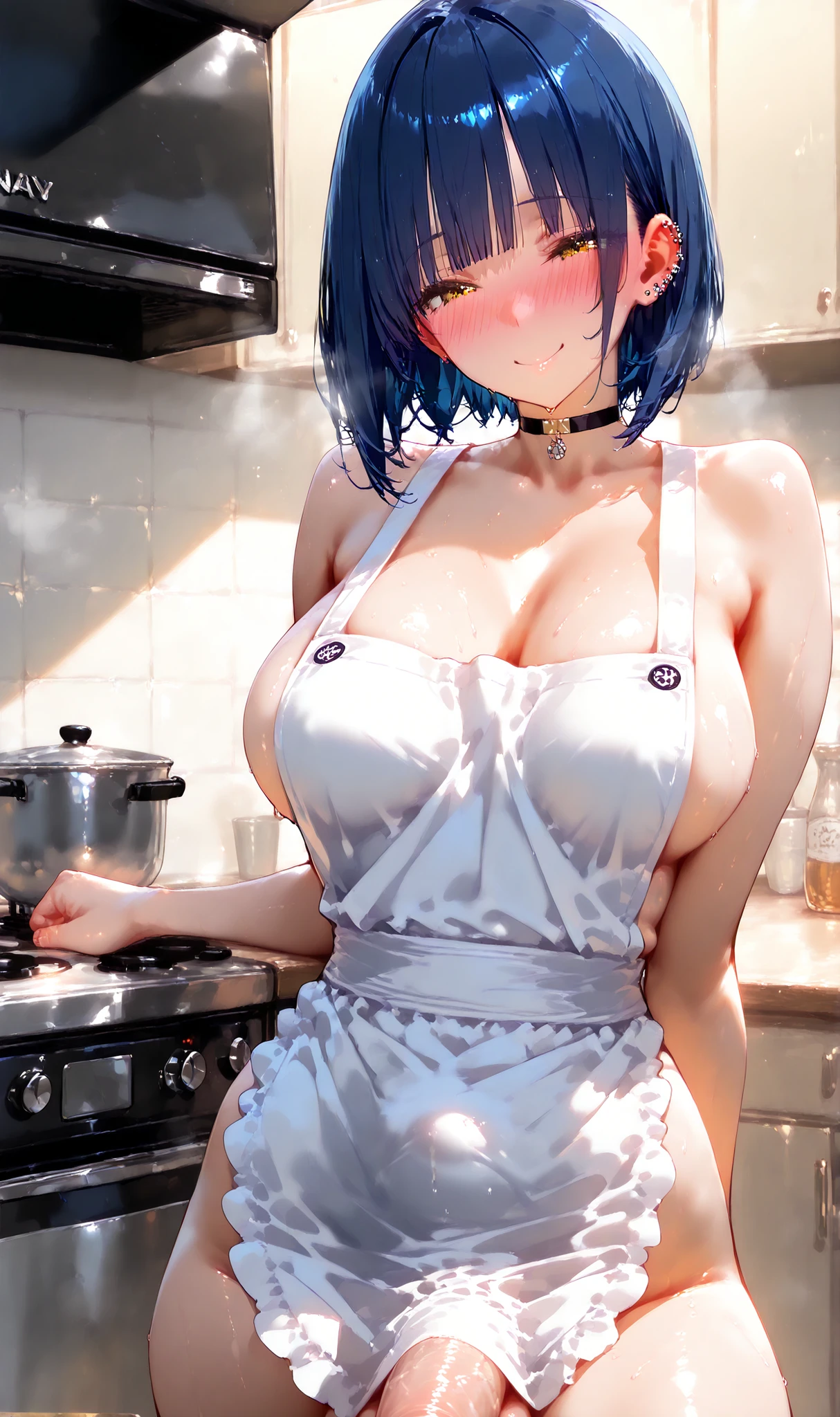 (dynamic angle:1.3, front view:0.9, breast focus:1.3, from below:1.2), (dynamic posing:1.5, sexy posing:1.3, leaning forward), (seductive smiling:1.3),masterpiece, 1girl, pointed chest:1.3,(double breasted:1.2,under bust:1.2), Amazing Cleavage:1.3, thin waist, big ass, Raised sexy, small breast: 1.2 posed cleavage:1.2、solo, looking at viewer, open mouth, silver bronde hair, blue eyes, bare shoulders, collarbone, sidelocks, hairband, sapphire earrings, indoors, red off shoulder sweater dress, arms behind back, short hair with long locks, blue gold hairband, big side hair, very long side hair is rendered in (masterpiece: 1.2, best quality), with (ultra high resolution) and an exquisite (depth of field). This masterpiece is not only visually stunning but also tells,A scene of cooking in the kitchen
