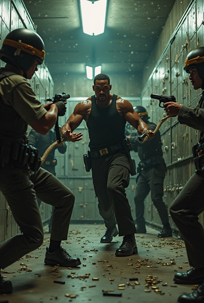 Will Smith fighting off a team of elite security personnel in a chaotic, high-stakes battle."more