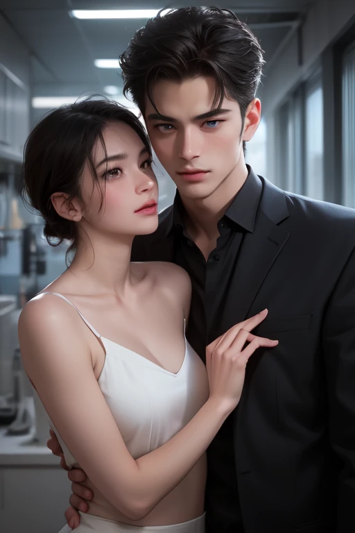 1boy 1girl cuddeling each other, brown eyes, wearing all black suit together, close up, city, absurdres, high res, ultrasharp, 8K, masterpiece, looking at each other, sexy pose