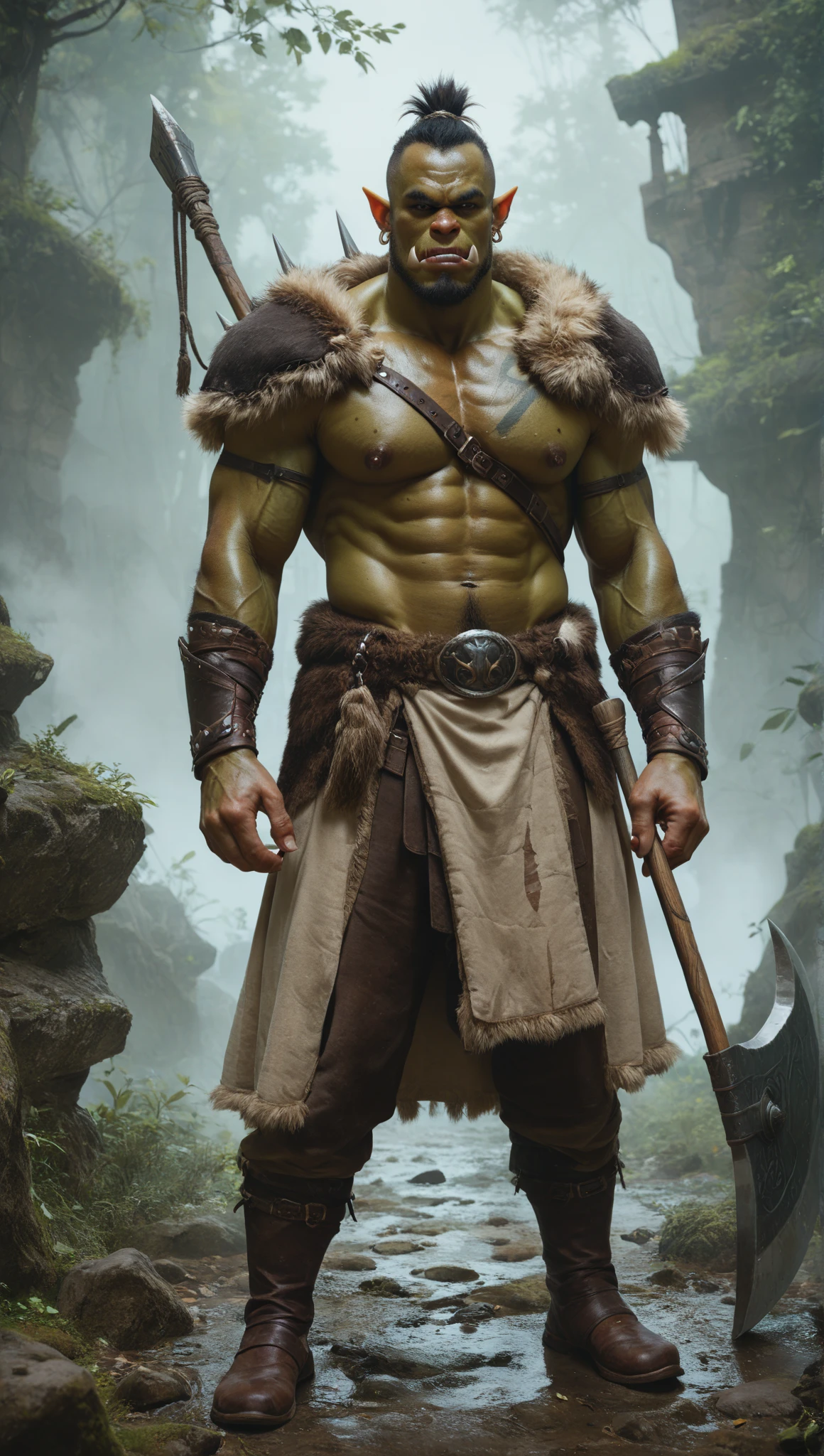 frame-centered photo of a simmetric sword-wielding green and muscular bodybuilder orc with his body filled with chinese tattoos on his skin and with a bald long mohican hair, simmetryc  sword of conan the barbarian, hyper-realistic 8k imax, (full-tattooed ????? with a dragon) amazonic forest, Drax, Dave Bautista, From Marvel Studios, hyper-realistic CG, visibly angry, 8K texures,  8K hyperrealistic image, African ethnics, stockphotos, Hulk, Blizzard, director: Rafael Grassetti