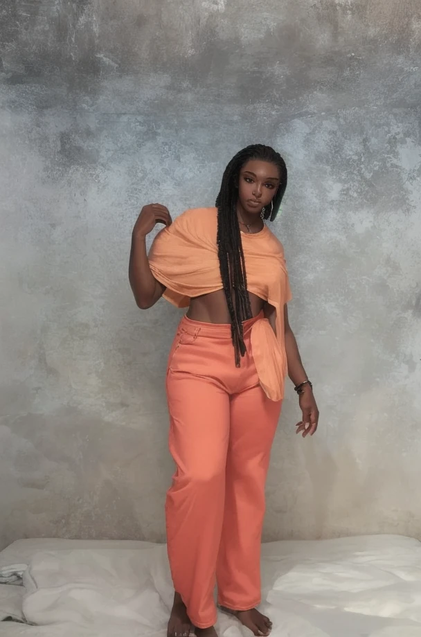 ((masterpiece, best quality)), ((28 year old)), (((Curvy))), (((Black woman with long black ponytail)), in green sweater, ((yellow high cut panties)), (((Large Hips))), Standing in front of a grey screen, (((photo realistic)))