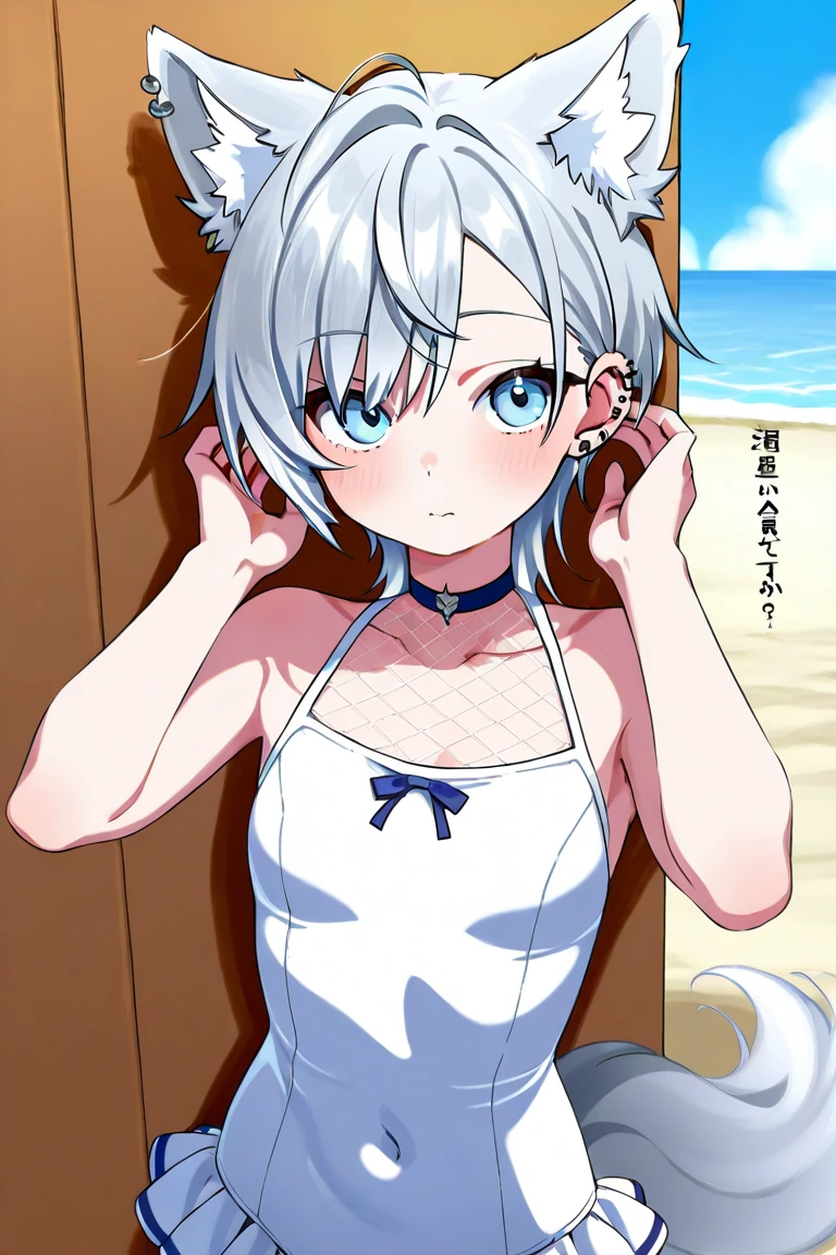 best quality、cute、gray hair、blue eyes、ponytail、arctic fox、fluffy tail、Erotic swimwear、embarrassing