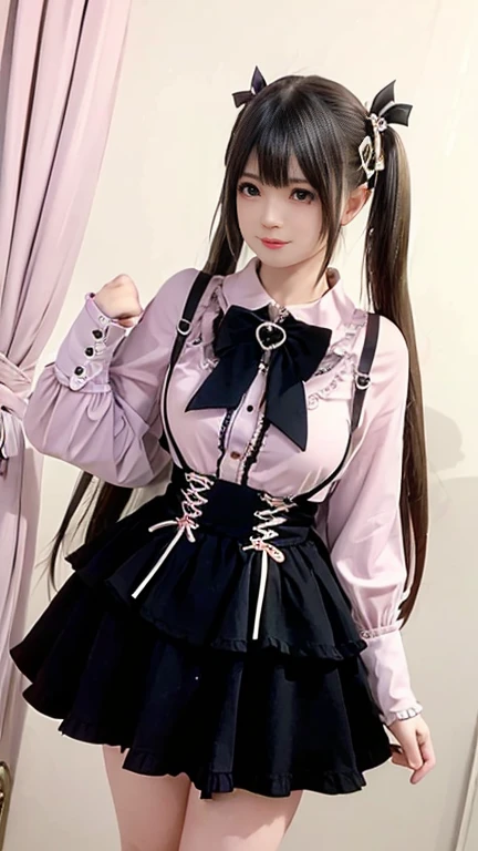 Jirai kei, imagen realista full hd, Ultra Definition, ropa realista bien detallada, coreana hermosa, con pechos muy grandes, escote definido, preciosa