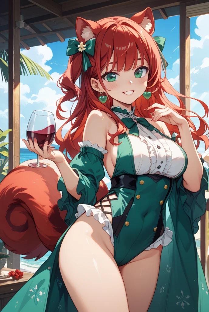 masterpiece, best quality, highres, zoo1,thin, narrow waist, green eyes, bangs, orange hair, very long hair, fox tail, dark skin, fox girl, tank top, green micro bikini, bare feet, sitting with her legs apart, belt, forest, cowboy shot, ABS,upper body, smile, pov, (blushes 1.5), strong orgasm, underboob,The genitals stick out through the clothes, 