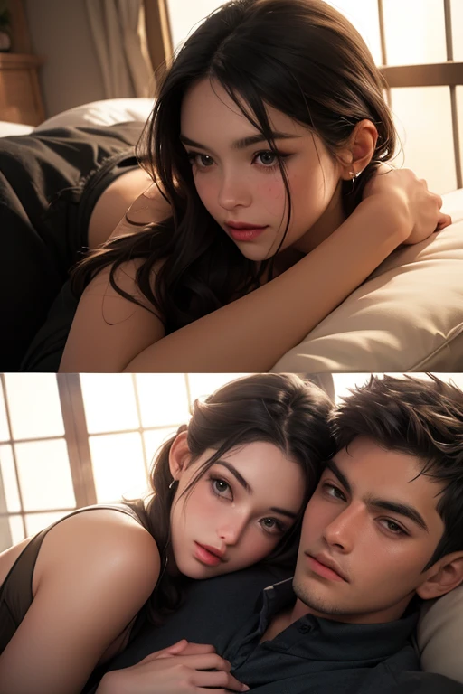 a age girl and boy lying in bed, detailed facial features, beautiful eyes, medium breasts, ultra-detailed, 8k, 4k, UHD, physically-based rendering, studio lighting, 3:1 hip to leg ratio, ((The boy is making out with the girl)), cinematic lighting, dramatic pose, romantic atmosphere, hyper-realistic, intricate details, vibrant colors, masterpiece, award-winning art