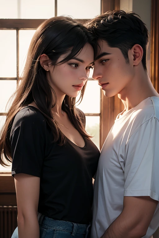 A couple surprising the other with a gift or sharing a tender moment like a hug or kiss.