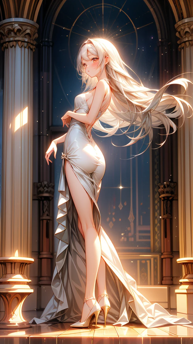 thick outline,An anime-style illustration of a beautiful woman wearing an elegant, long Eastern-style dress with a large open back. The dress flows gracefully, accentuating her figure. The woman is arching her body slightly, exuding an alluring presence. She gazes directly at the viewer with a seductive, captivating expression in her eyes. The scene is filled with a sense of mystique and sensuality, with soft lighting that highlights the curves of her body and the intricate details of the dress,dark skin,thick eyebrows,
