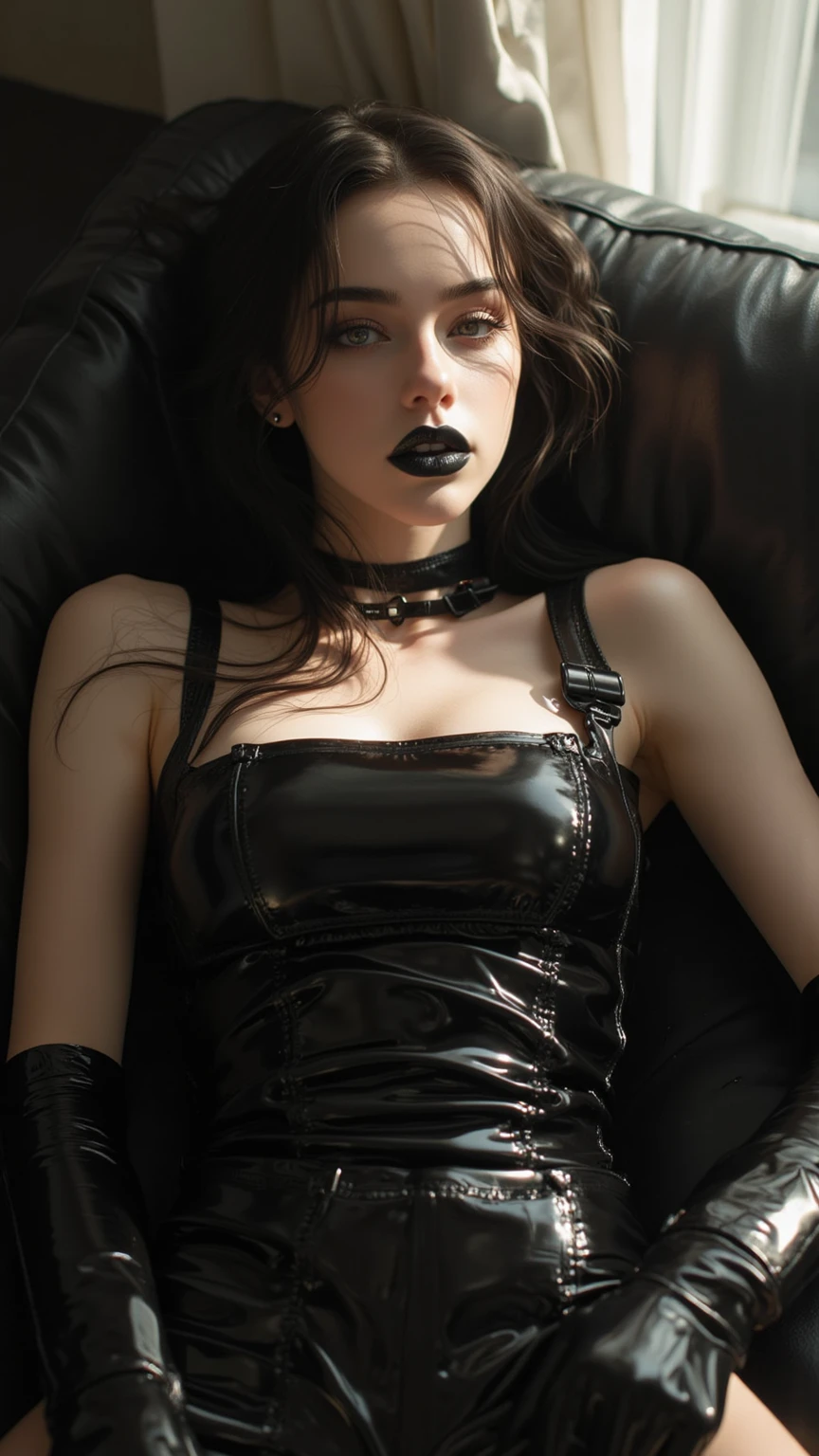 a sexy and fatal woman, Woman wearing a black and white dotted dress., from above, wearing a black and white dotted dress, Dress 80s fashion, 80s style clothing, 80s fabric style, Retro dystopian 80s vibe, straight black hair, green eyes, black eyeliner, Red lips, medium breasts, small covered ??????, lustful look, black and white latex, White Latex Leg Harness, white choker, dramatic light, 80's cinema lighting.._Science fiction, poor, realistic hands, ???????, sexy, pony