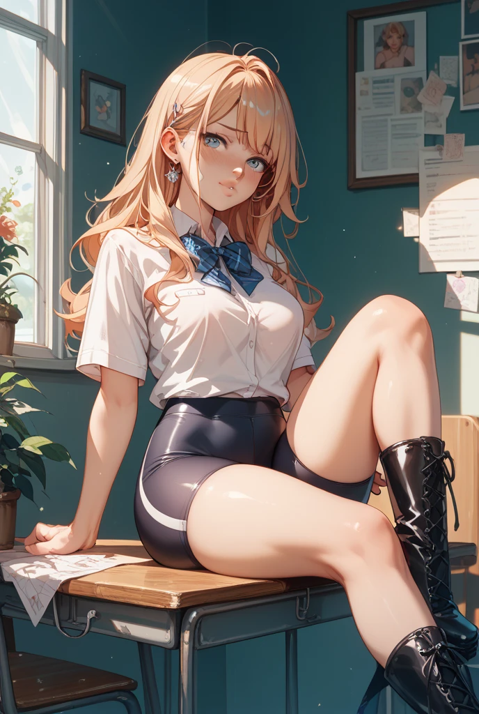 the best, masterpiece, HD, (whole body), frontal lobe, Symmetrical, mature high school, alone, (whole body from head to toe), small breasts, long hair, slightly messy hair, (black leggings), ( (black pantyhose), black pantyhose, (composition where she is made to sit and lift her leg and make her leg open), (both arms, both arms放在背后), composition show white, slender beautiful leg, a very pretty 17 year old girl (without wearing shoes) leg), blush, shy big eyes, messy hair, looking at camera, show white, White ruffled underwear, high school uniform blazer, high school white shirt, high school with blue ribbon, Short plaid high school uniform and navy pleated skirt