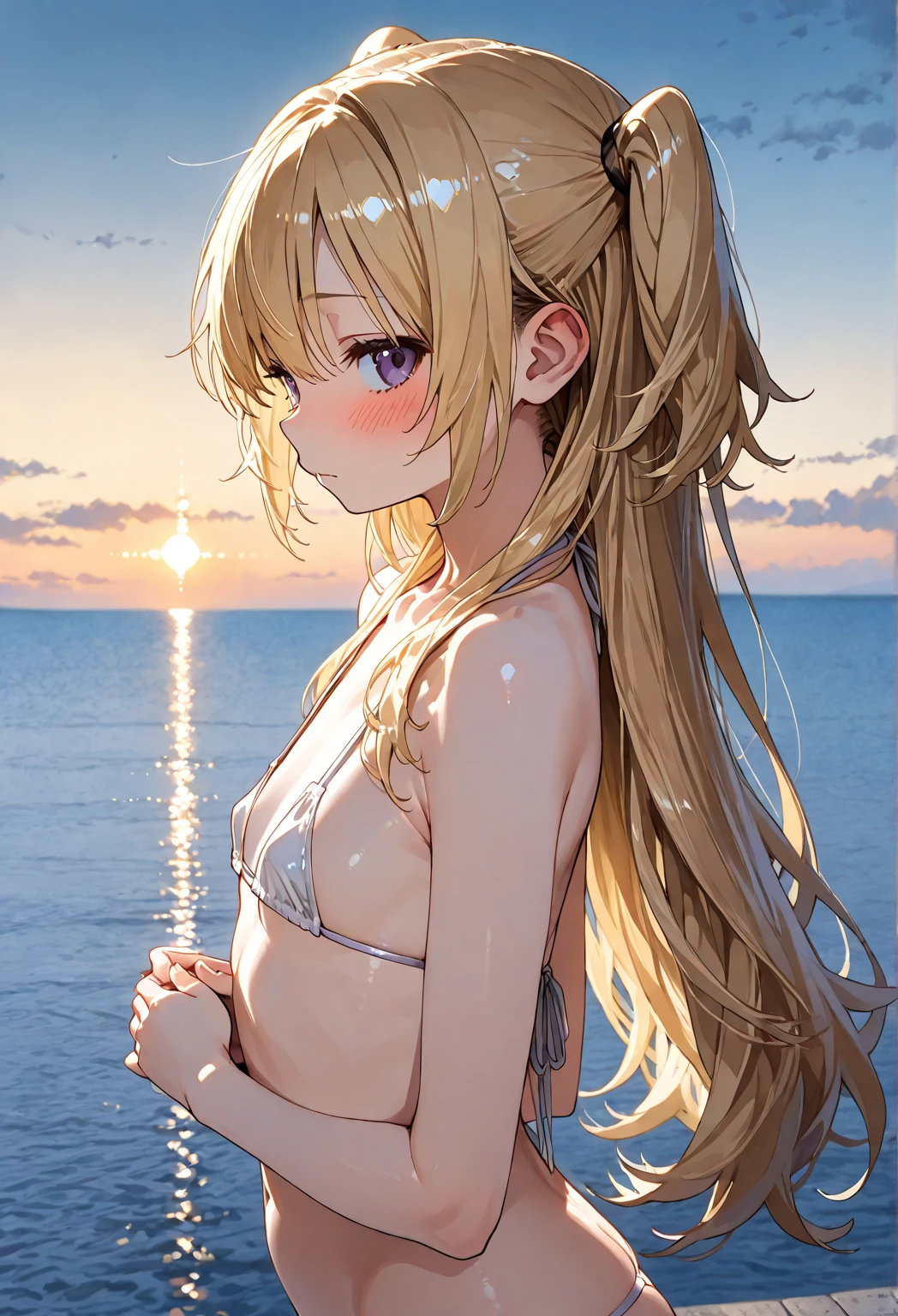 mahirushiina, Mahiru Shiina, Long Hair, bangs, Blonde, Brown Hair, (Yellow Eyes:1.3), smile,blush,Hair Bun, double  Hair Bun,Hair Lock,Yellow string bikini swimsuit,barefoot,Water Play,Ocean,Sandy Beach,whole bodyがイラストに入るように,Wet Hair,Wet Skin,Wet swimsuit,
break outdoors, Beach,
break looking at viewer, whole body,(Cowboy Shot:1. 5)
break (masterpiece:1.2), Highest quality, High resolution, unity 8k wallpaper, (figure:0.8), (Beautiful attention to detail:1.6), Highly detailed face, Perfect lighting, Highly detailed CG, (Perfect hands, Perfect Anatomy),
