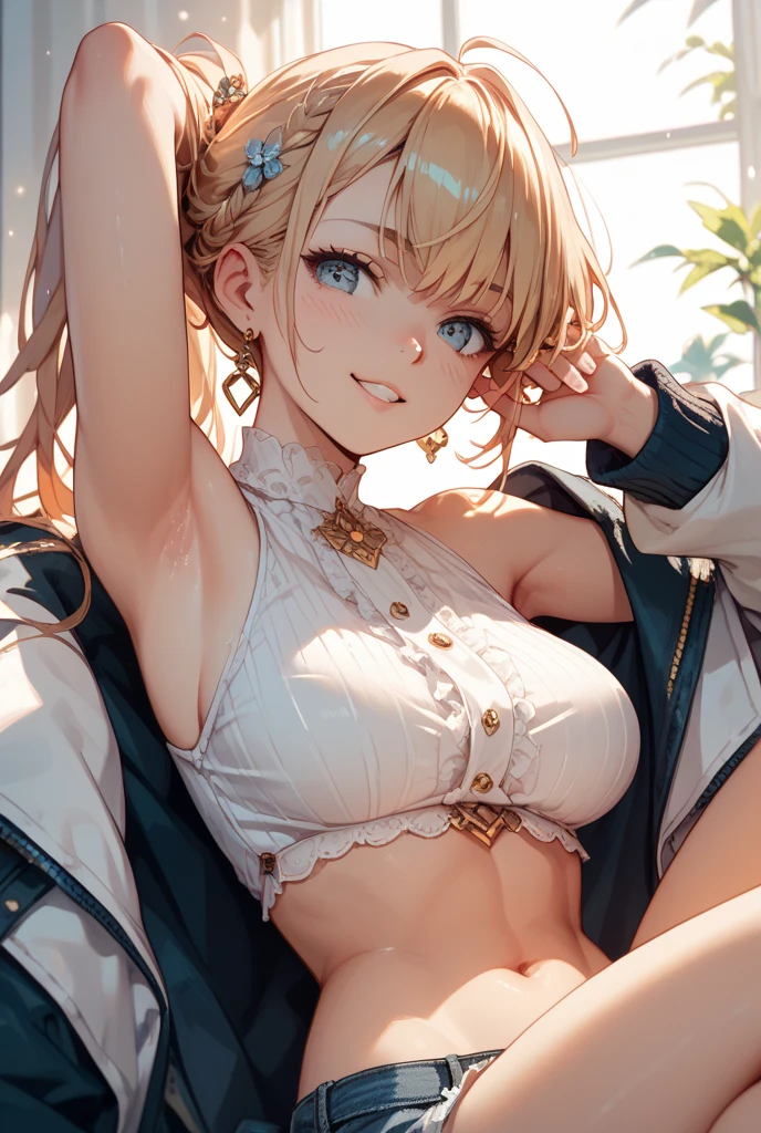 see through,Beautiful and fair、Radiant Skin, 3 Up, Gorgeous, bright, Refreshing and gentle expression, Perfect beautiful face、Beautiful shiny bangs, A very beautiful girl, Eyeliner, Very perfect eyes,Very large breasts,Grooves reveal original skin,Muscular body,White bikini tights,Blonde short hair
