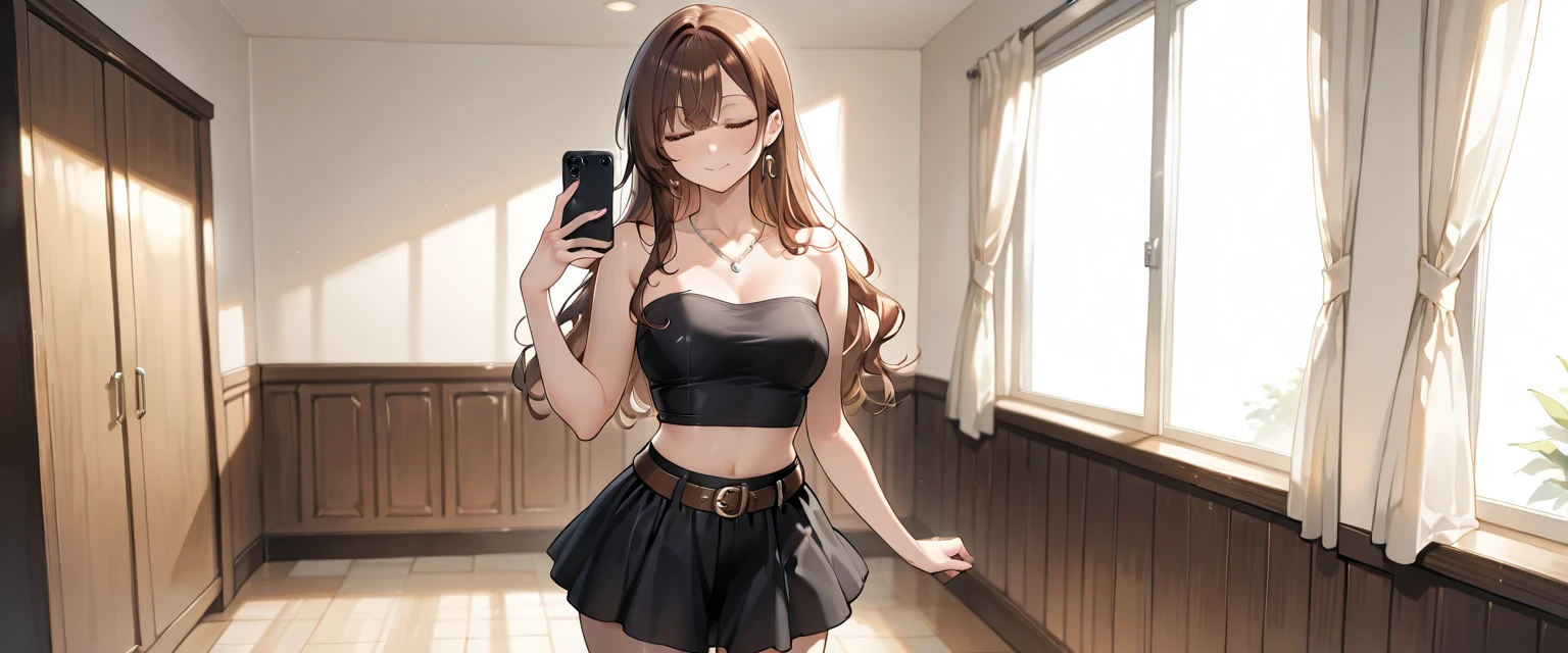 1girl, perfect face, wide hips, narrow waist, solo , KyokoDj, headpones around neck, bangs, brown eyes, long hair,brown hair, seductive smile, mall, shopping center,indoors, blush, lipstick, jewelry, earrings, Hot girl, baddie, mean girl, sensual, attractive, masterpiece,high quality,4k, bare shoulder,belly,crop top,holding pistol,cleavage,casual dress, bar background, inside bar, indoor,smile, open mouth, (nsfw) not safe for work, evil expression, exposed belly, exposed navel, exposed midriff, exposed lower belly, crop top overhang, underboob,jacket, unbuttoned jeans , low rise black jeans, Low rise jeans, Low rise jeans with open fly, navel piercing