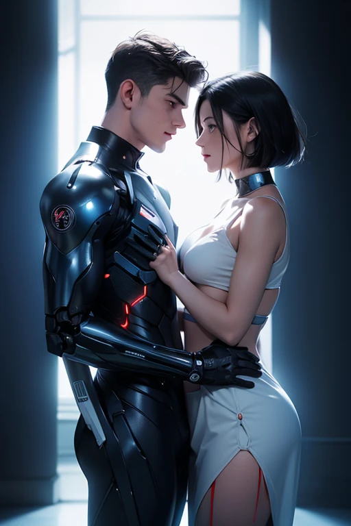 A 25 year old realistic real man in jacket clothes and a female robot passionately lingering hugging and kissing, complex 3d rendering very detailed beautiful ceramic silhouette female robot face, robot, robot parts, 150mm, beautiful studio soft light, edge light, vibrant details, luxurious cyberpunk, lace, surrealism, anatomy, facial muscles, cable wire, microchip, elegant, beautiful background, octane rendering, HR Giger style, 8k, best quality, masterpiece, illustration, very refined and beautiful, very detailed, CG, unified, wallpaper, (realism, realism: 1.37), amazing, fine detail, masterpiece, best quality, full body,