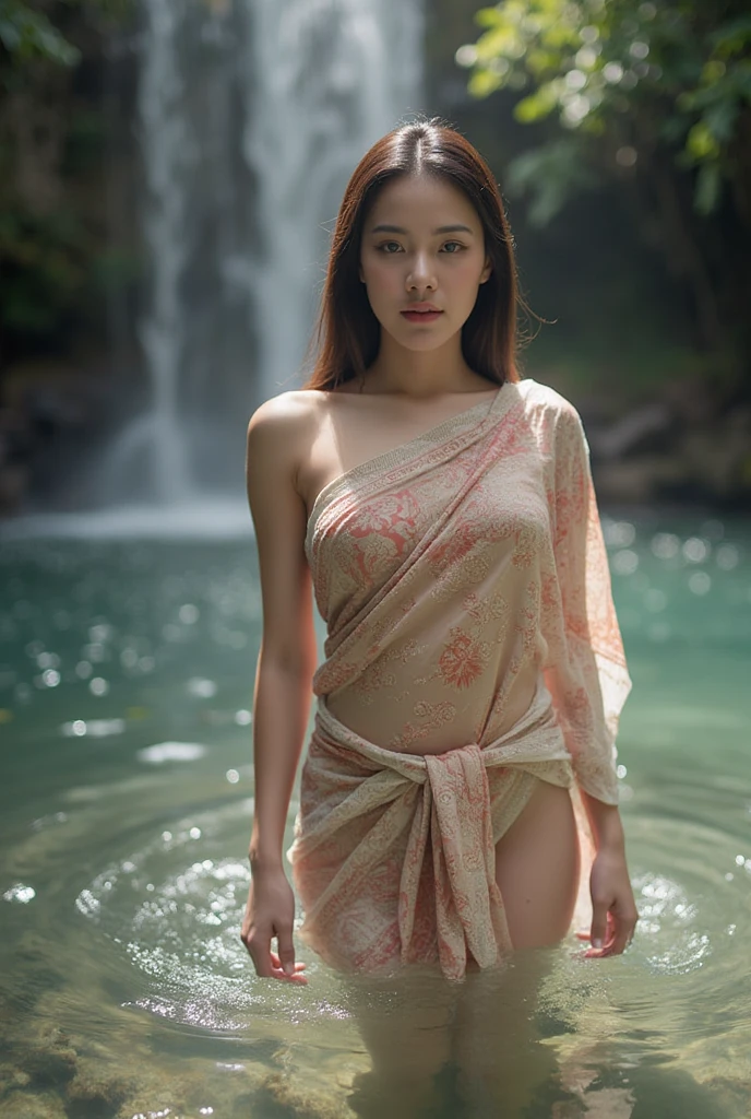 In this captivating scene, picture a 30-year-old Thai woman with a fair complexion and exquisite beauty. She is adorned in a sultry Thai outfit that tastefully accentuates her allure, confidently showcasing her well-proportioned figure. The traditional attire highlights her sensuality, with a subtle reveal of her ample bosom, adorned with delicate nipple covers.

The enchanting image unfolds as she engages in a playful interaction with a cascading waterfall, the water droplets glistening on her flawless skin. The backdrop is a stunning waterfall surrounded by lush greenery, creating a picturesque setting that perfectly complements the beauty of the Thai woman. The entire composition captures the essence of her youth, beauty, and the harmonious coexistence of the natural and human elements in this captivating moment, naked portrait, nude photography,  shiny nipple 